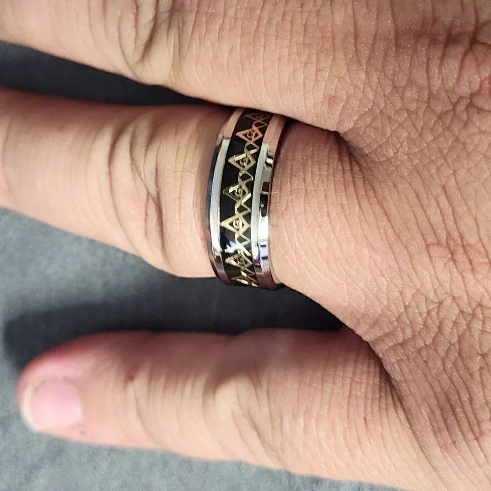 Masonic Compass Ring Engraved Personalized Black Gold Band - Freemason Ring